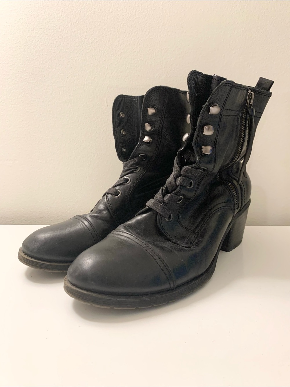 Aldo Black Lace-Up Leather Heeled Combat Boots